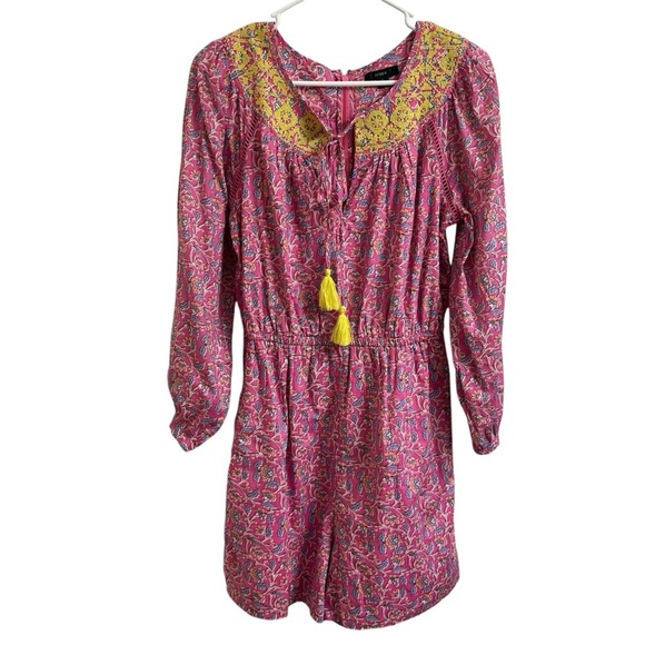 J. Crew Pants - Crew Size 0 Embroidered Romper In Pink Vines Block Print Summer Tassel Floral